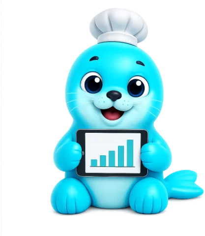 Foo, la mascota de Foodly, sostiene una tablet con una gráfica